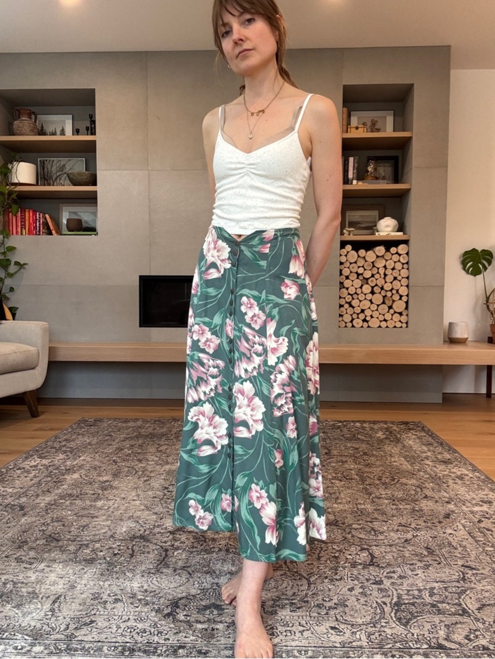 Vintage April Cornell Floral Green Midi Skirt with Pink Bouquet Print small